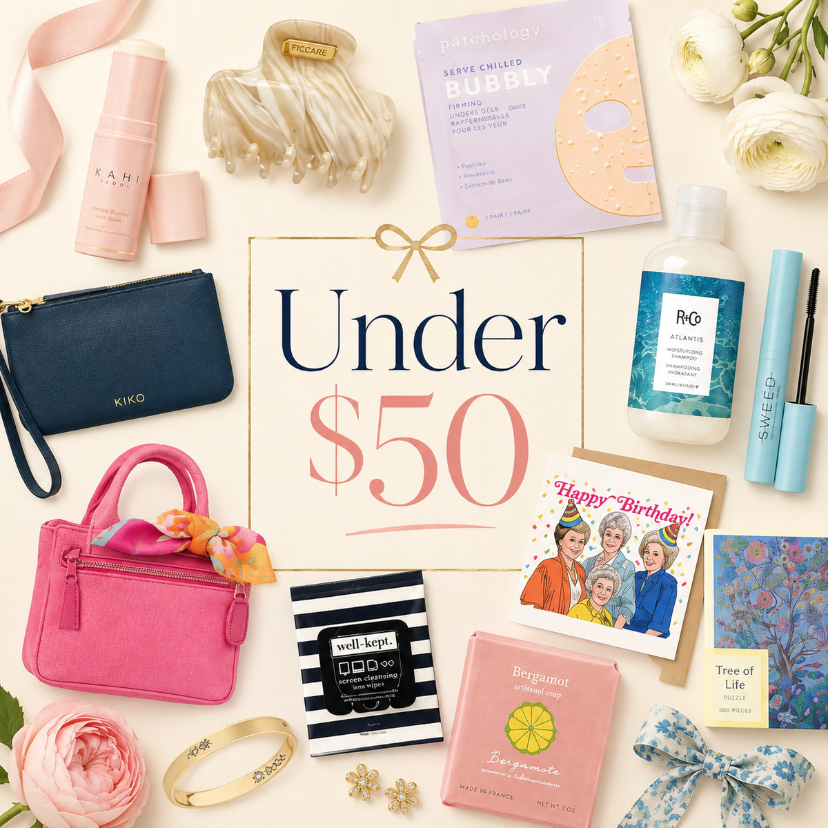 Curated Under $50 collection graphic featuring beauty, haircare, accessories, small gifts, puzzles, soaps, jewelry, and colorful boutique finds arranged around an elegant “Under $50” title.