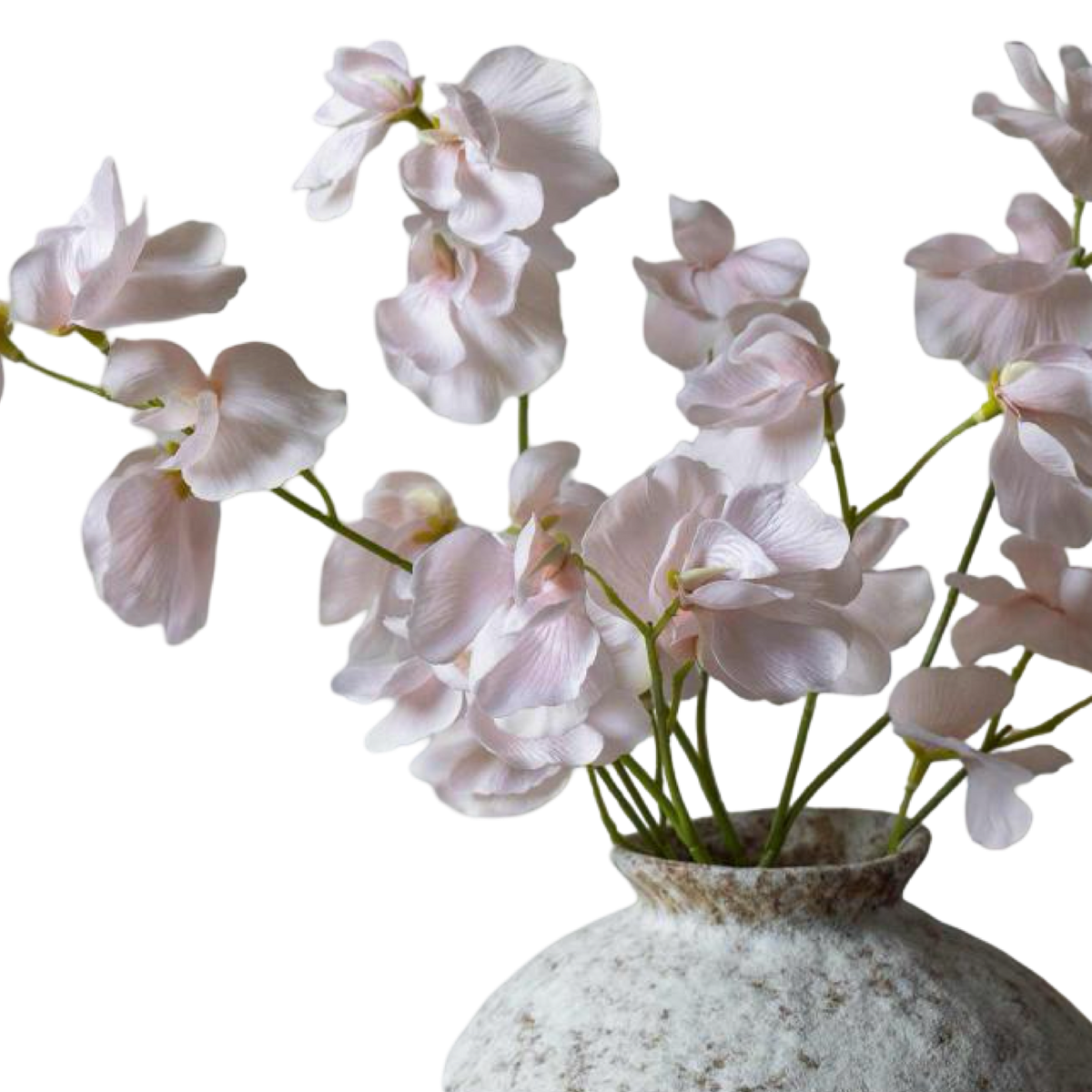 Pink artificial orchids in a textured vase on a white background