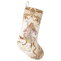 Angel with Violin wool needlepoint Christmas stocking by Peking Handicraft featuring an angel playing a violin with ornate gold scrollwork on an ivory background