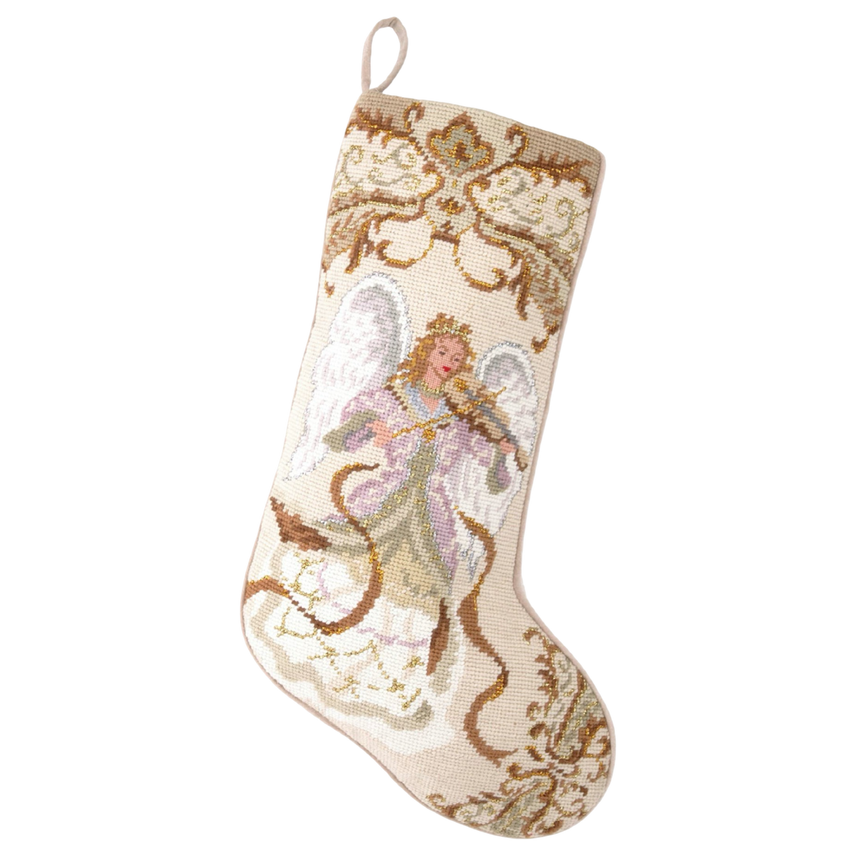 Angel with Violin wool needlepoint Christmas stocking by Peking Handicraft featuring an angel playing a violin with ornate gold scrollwork on an ivory background