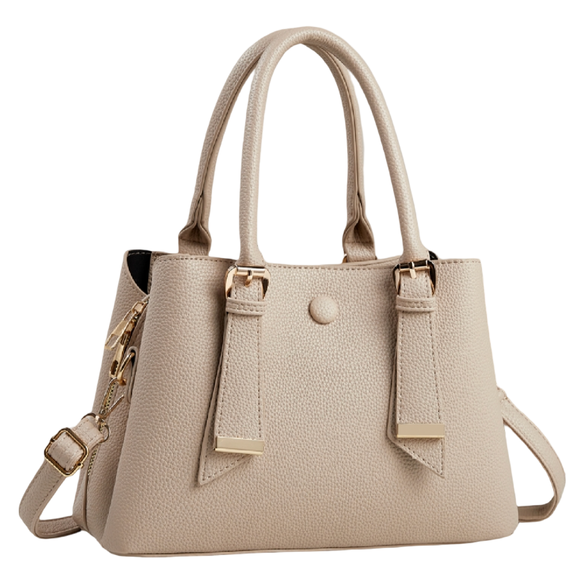 A light beige pebbled faux-leather handbag with dual top handles, a detachable shoulder strap, and gold-tone hardware, shown on a plain white background.