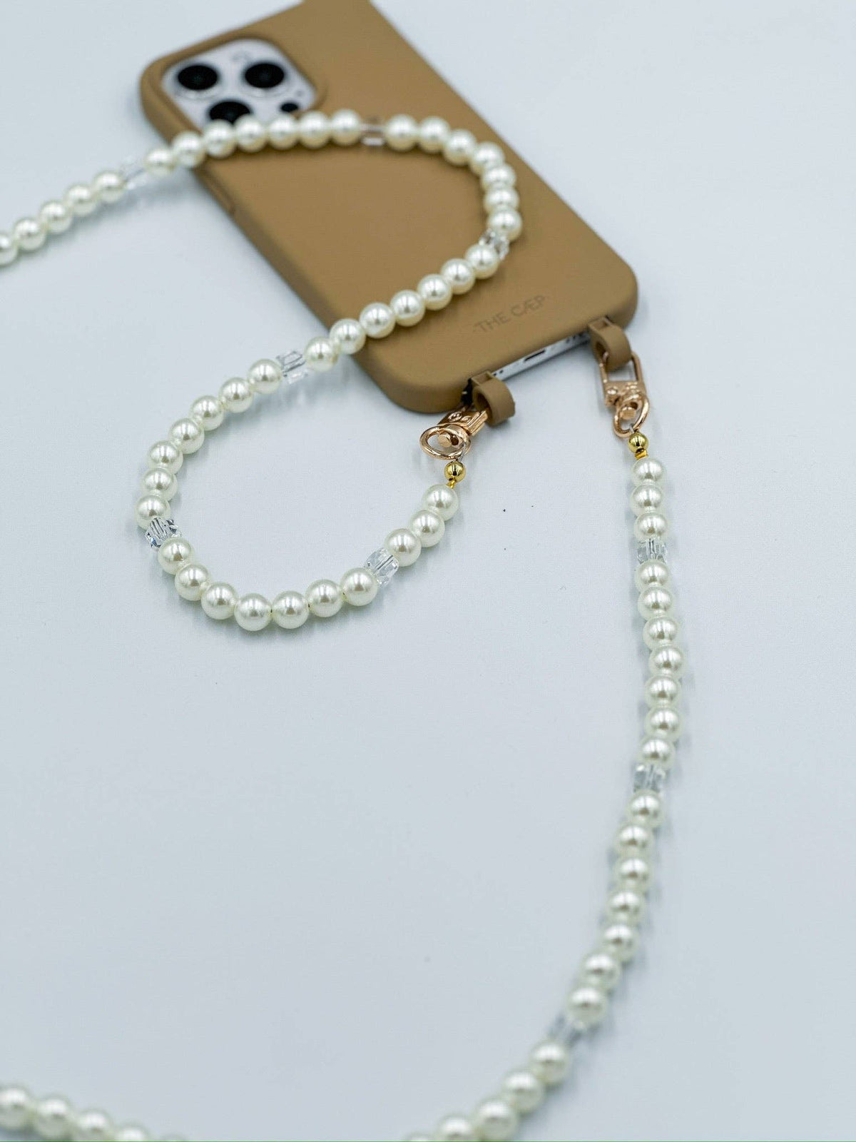 Audrey crossbody strap, pearl phone strap, gold cell phone strap, handmade phone accessory, crossbody phone strap, Cape Cod phone strap, detachable phone strap, imitation pearl strap, stylish phone accessory
