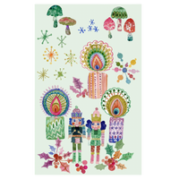 Betsy St. Clair Blue Haired Nutcrackers tea towel featuring colorful watercolor nutcrackers, ornaments, trees, and whimsical Christmas illustrations.