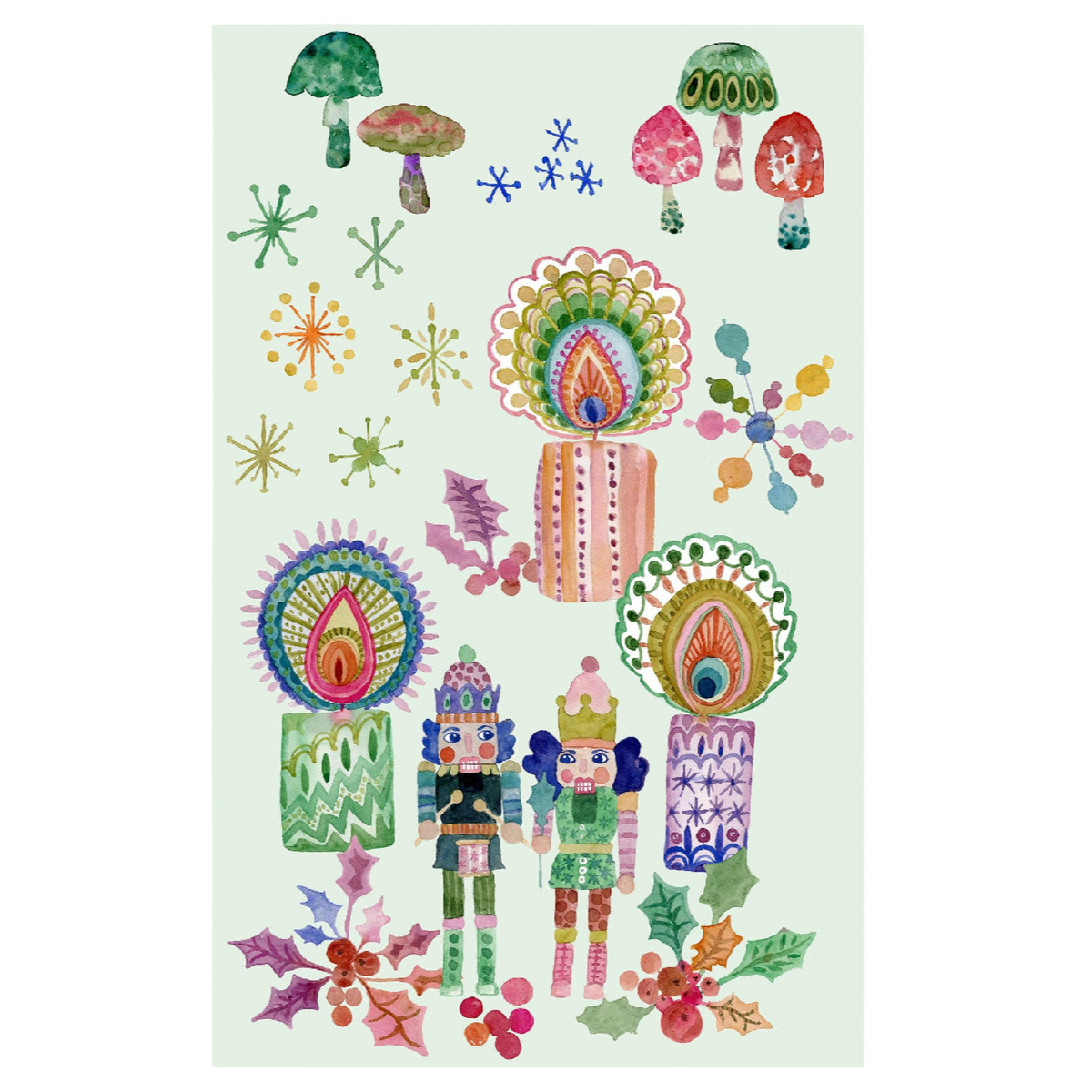 Betsy St. Clair Blue Haired Nutcrackers tea towel featuring colorful watercolor nutcrackers, ornaments, trees, and whimsical Christmas illustrations.
