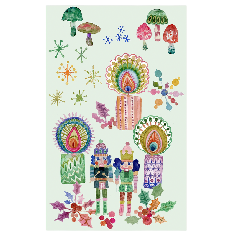 Betsy St. Clair Blue Haired Nutcrackers tea towel featuring colorful watercolor nutcrackers, ornaments, trees, and whimsical Christmas illustrations.