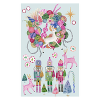 Betsy St. Clair Nutcracker Party tea towel featuring colorful watercolor nutcrackers, pink bows, candy motifs, and whimsical Christmas illustrations.