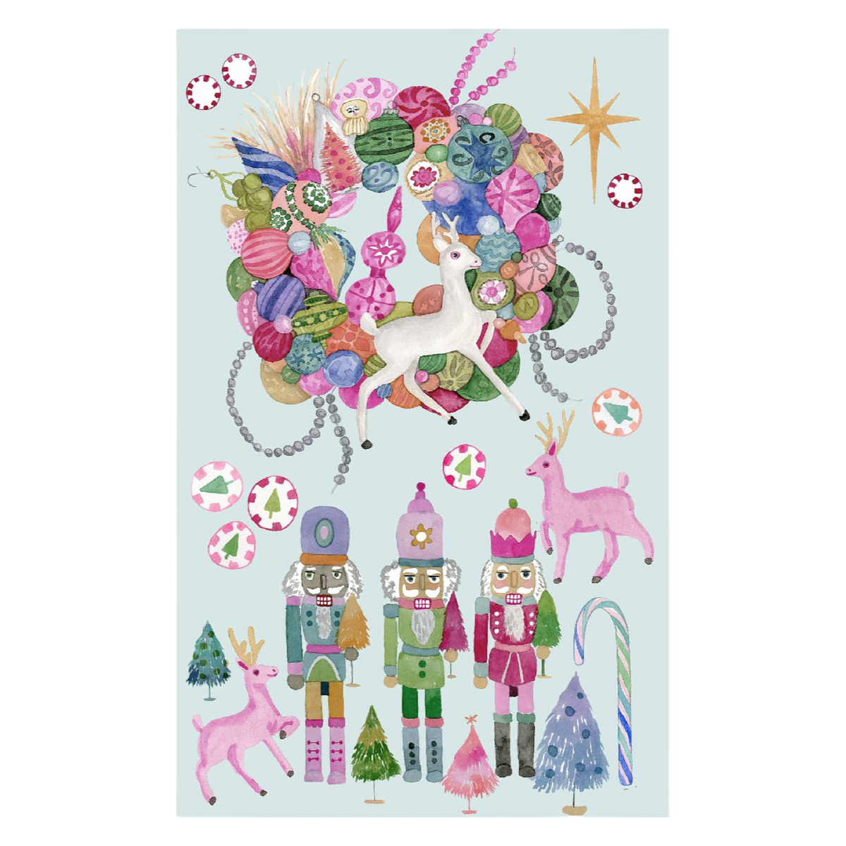 Betsy St. Clair Nutcracker Party tea towel featuring colorful watercolor nutcrackers, pink bows, candy motifs, and whimsical Christmas illustrations.