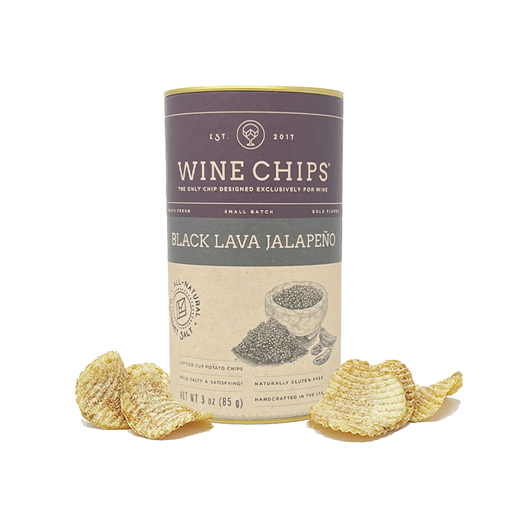 Black Lava Jalapeño Wine Chips featuring black lava sea salt and jalapeño seasoning in a 3 oz tube.
