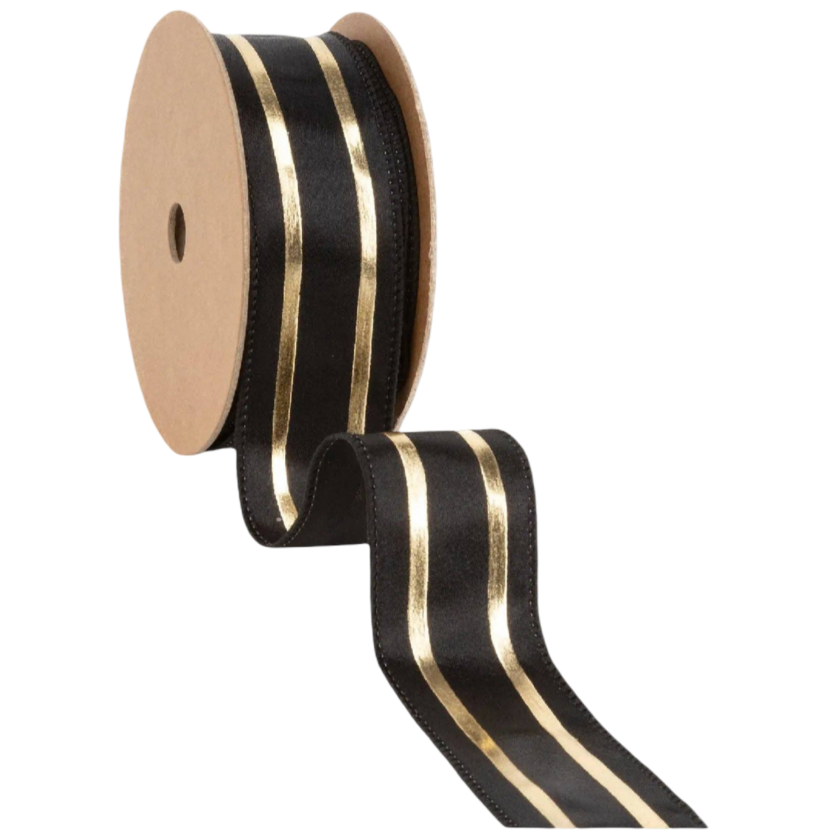 Black and gold striped wired ribbon, 1.5 inches wide