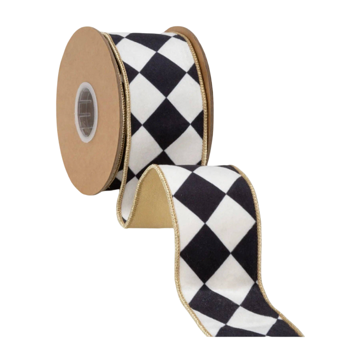 Black and white harlequin velvet wired ribbon with metallic gold backing, 2.5 inches wide