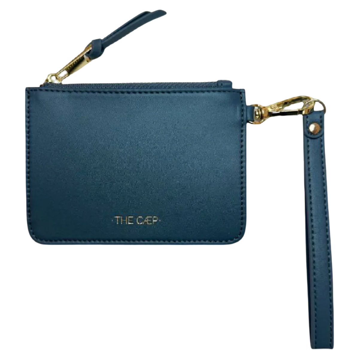 Blue wristlet with gold accents and 'THE GAER' branding on a white background