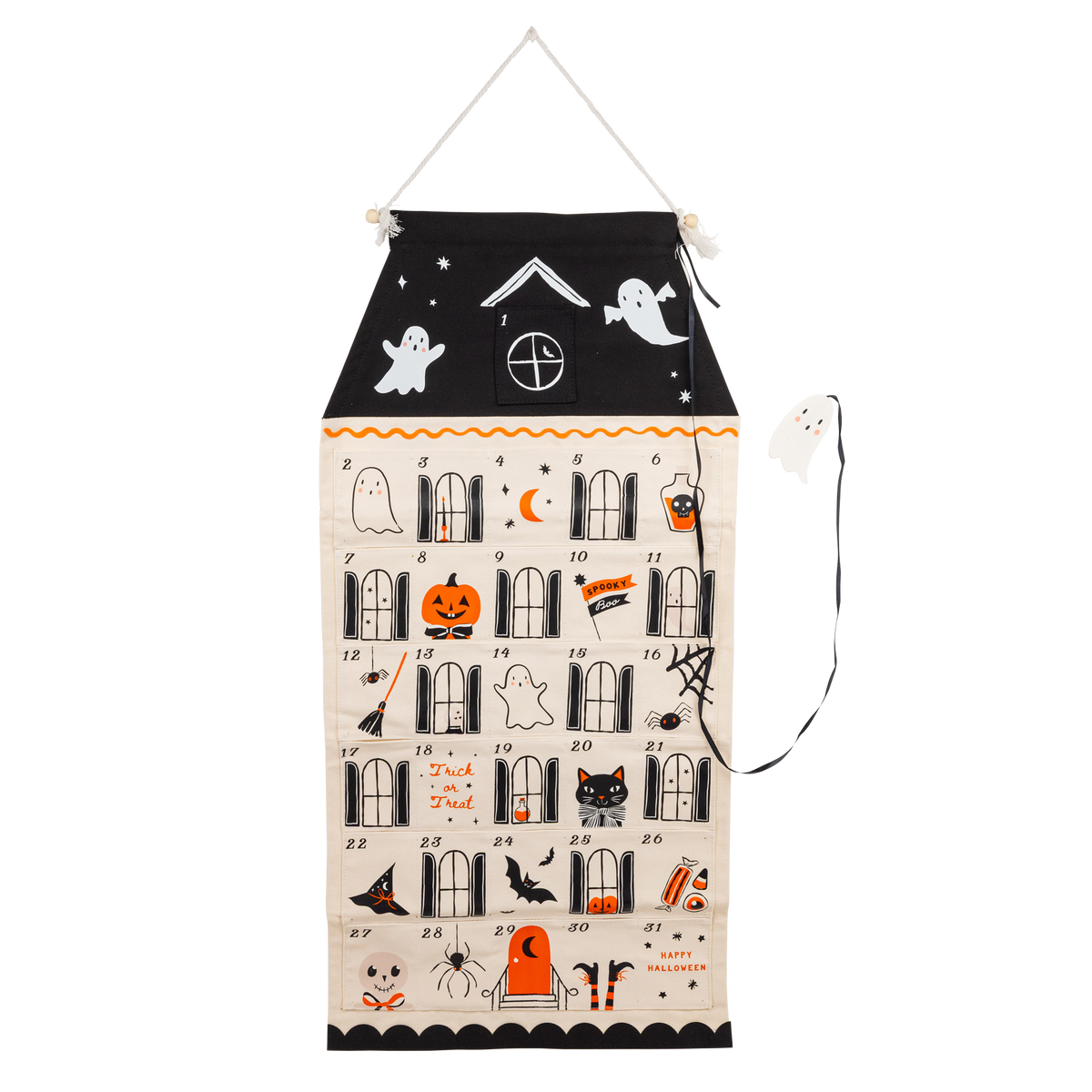 Halloween-themed calendar with black and white design on a white background