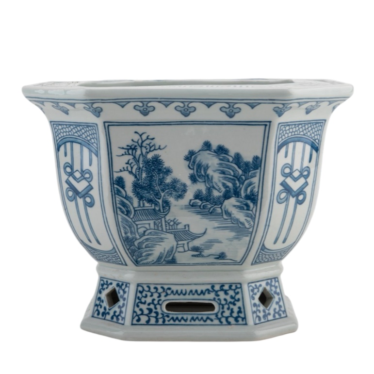 Chinoiserie style blue and white porcelain hand painted decorative bowl
