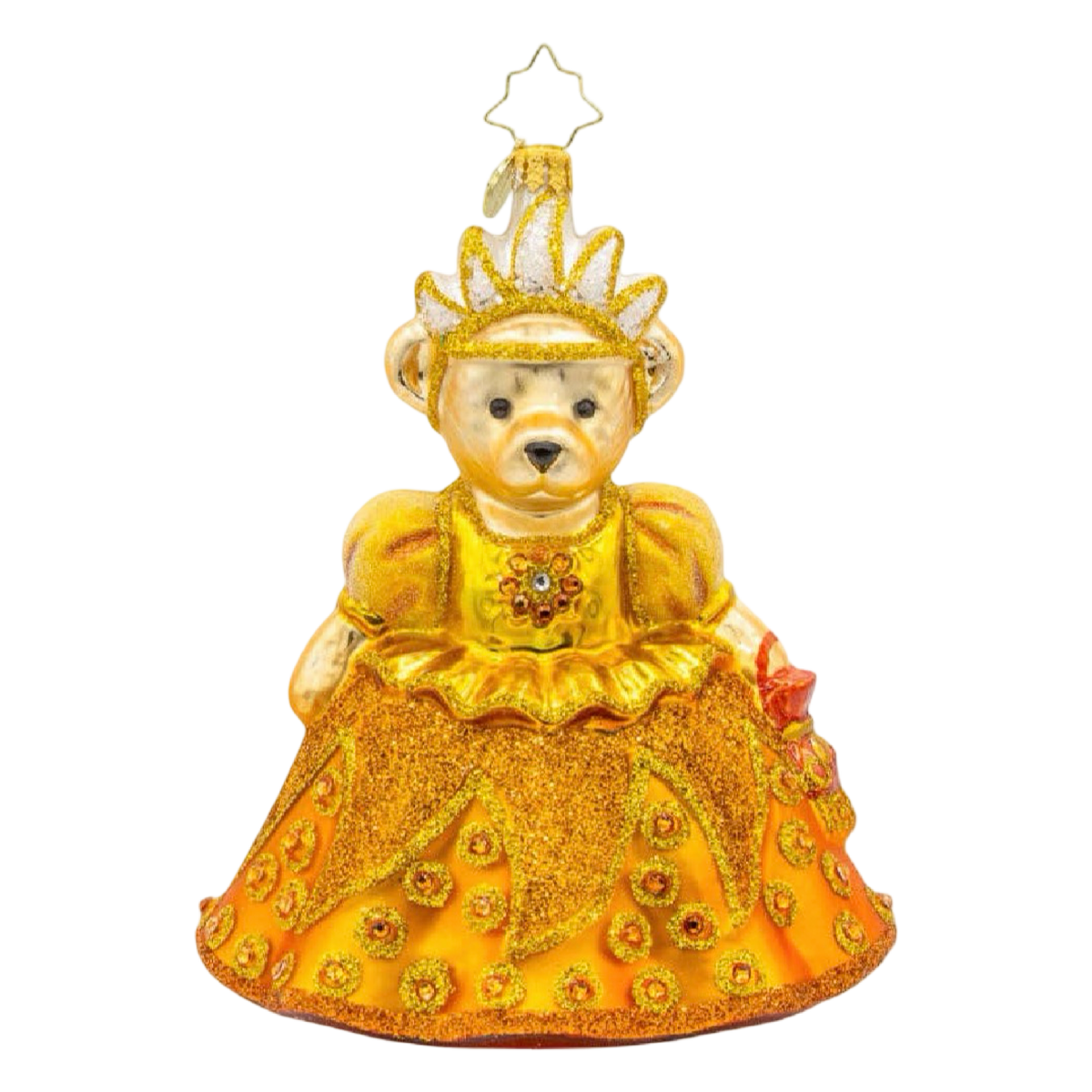 Christopher Radko A Muffy Millennium Memory glass Christmas ornament featuring a crowned Muffy bear in an elaborate golden gown.