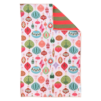 Crae.Home Decked in Detail reversible Christmas hand towel featuring colorful vintage-style ornaments in pink, red, turquoise, and green with red and green striped reverse