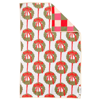 Crae.Home Wrapped in Wreaths reversible Christmas hand towel featuring green wreaths with red bows on cream and a red and pink checkered reverse