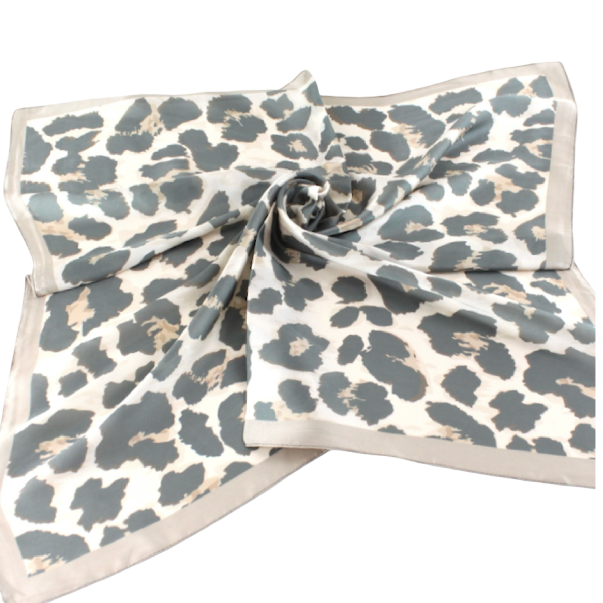 Cream square scarf with muted gray leopard spots and a solid sand-colored border.