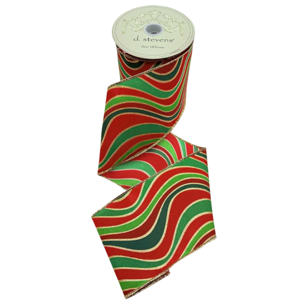 D. Stevens 2.5 inch wired Christmas ribbon with red, green and metallic gold abstract wavy stripes