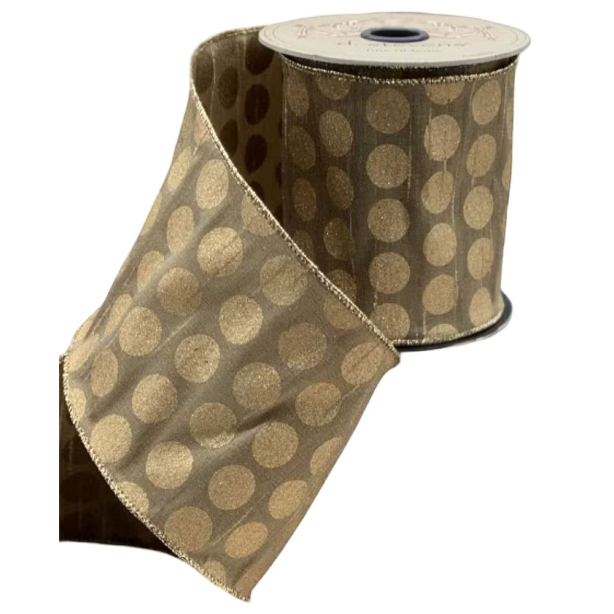 D. Stevens antique gold faux dupioni wired ribbon with metallic gold dots, 4 inches wide, available by the yard or 10-yard roll.