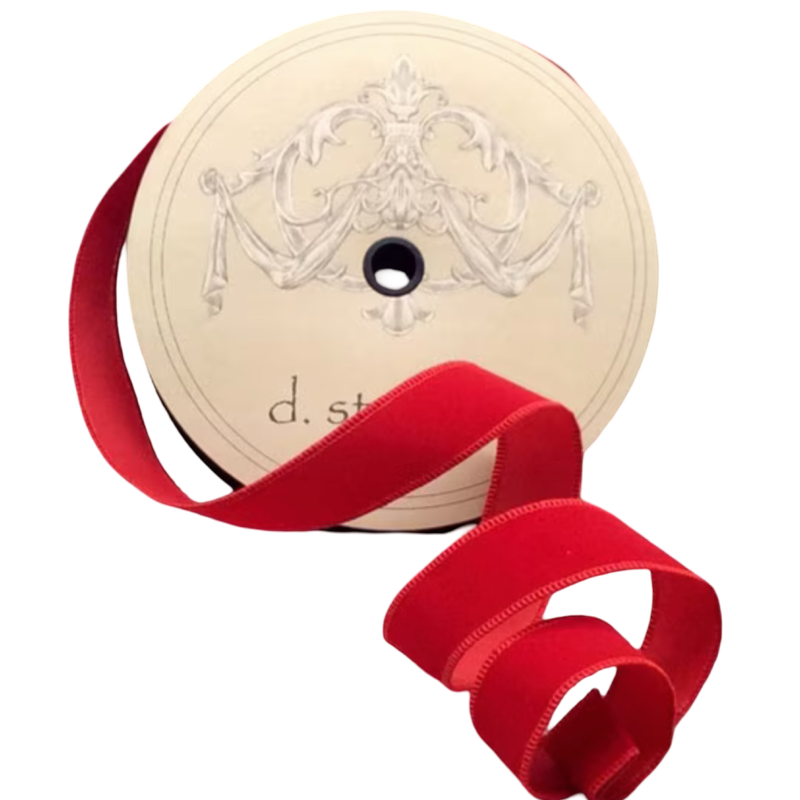 D. Stevens red weather-resistant velvet wired ribbon, 1.5 inches wide, available by the yard or 50-yard roll.
