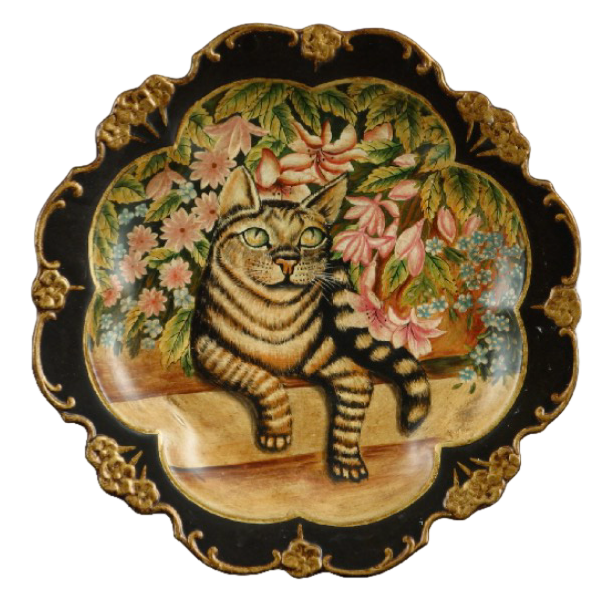 Danny's Fine Porcelain 12-inch striped tabby cat decorative plate featuring pink botanical flowers, green foliage, ornate black scalloped border and gold accents.