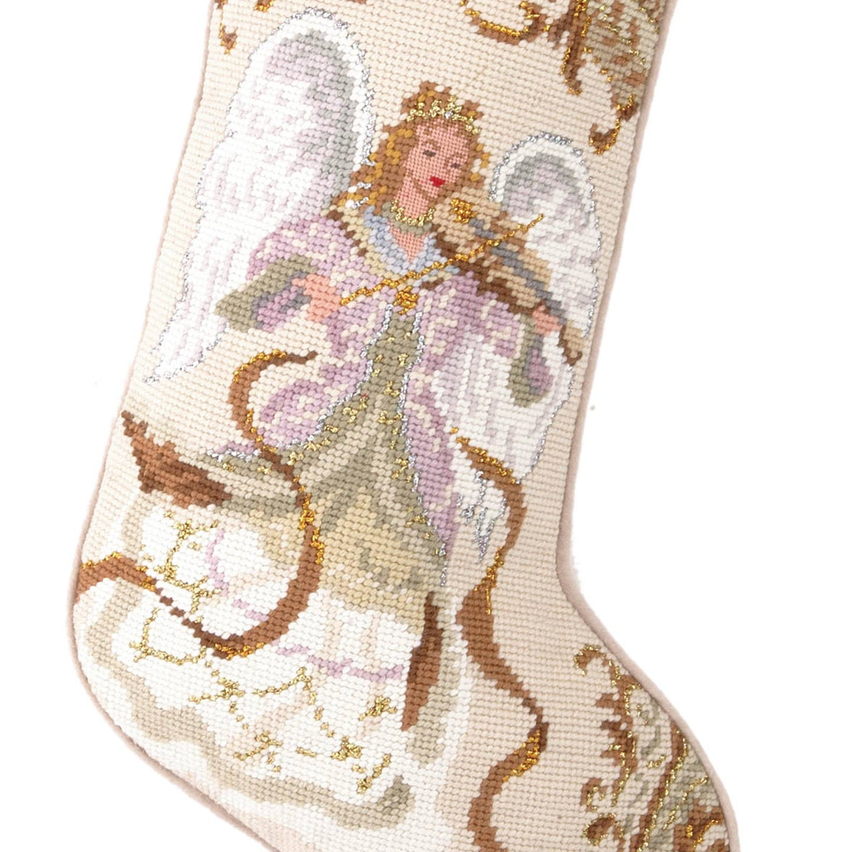 Detailed needlepoint embroidery of a Christmas angel playing a violin in soft pastel colors with elegant gold accents