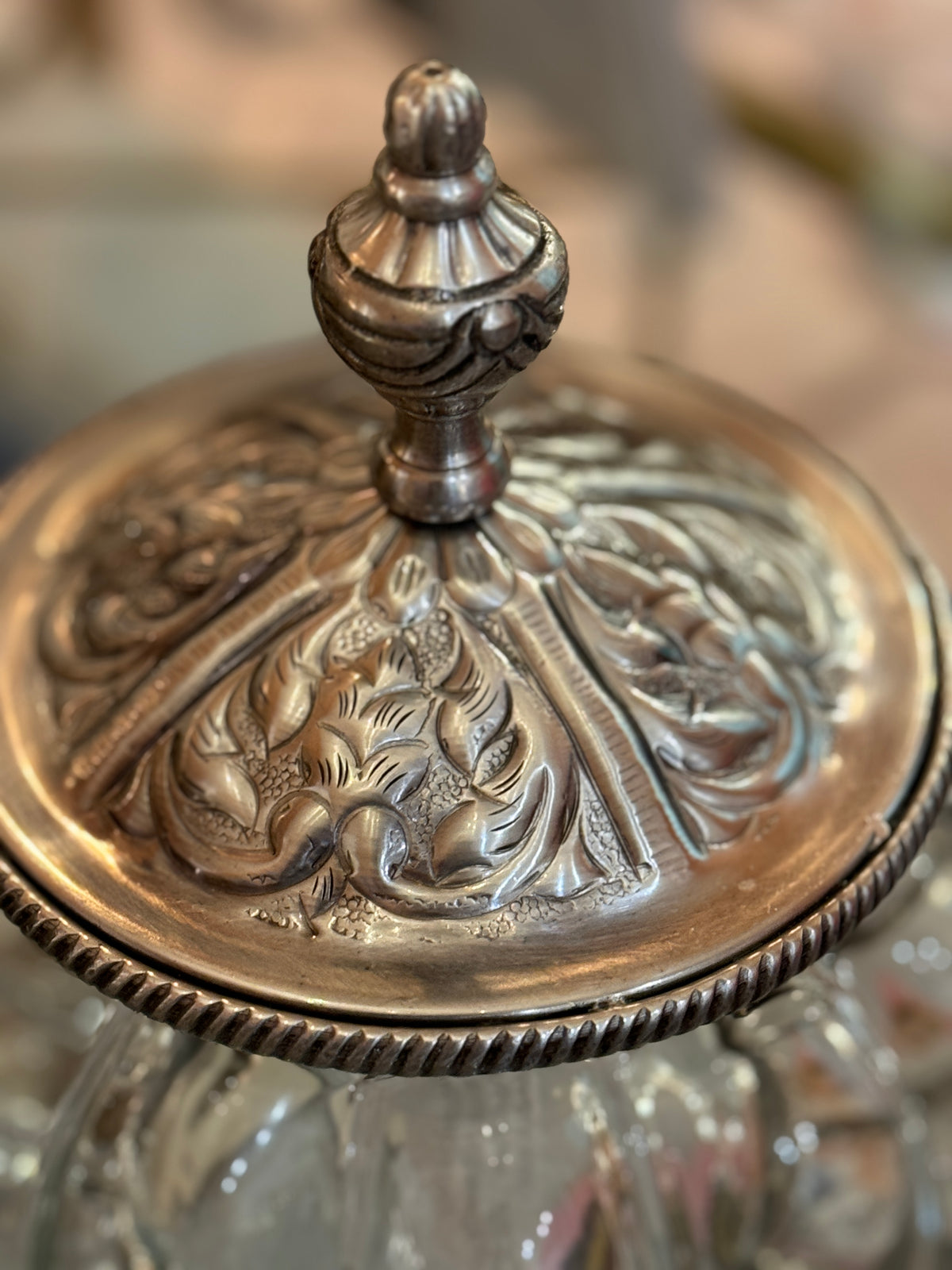 Filigree Glass Vanity Jar, antique silver vanity jar, elegant vanity jar, glass storage jar, decorative storage jar, feminine vanity display, countertop storage, brass and 