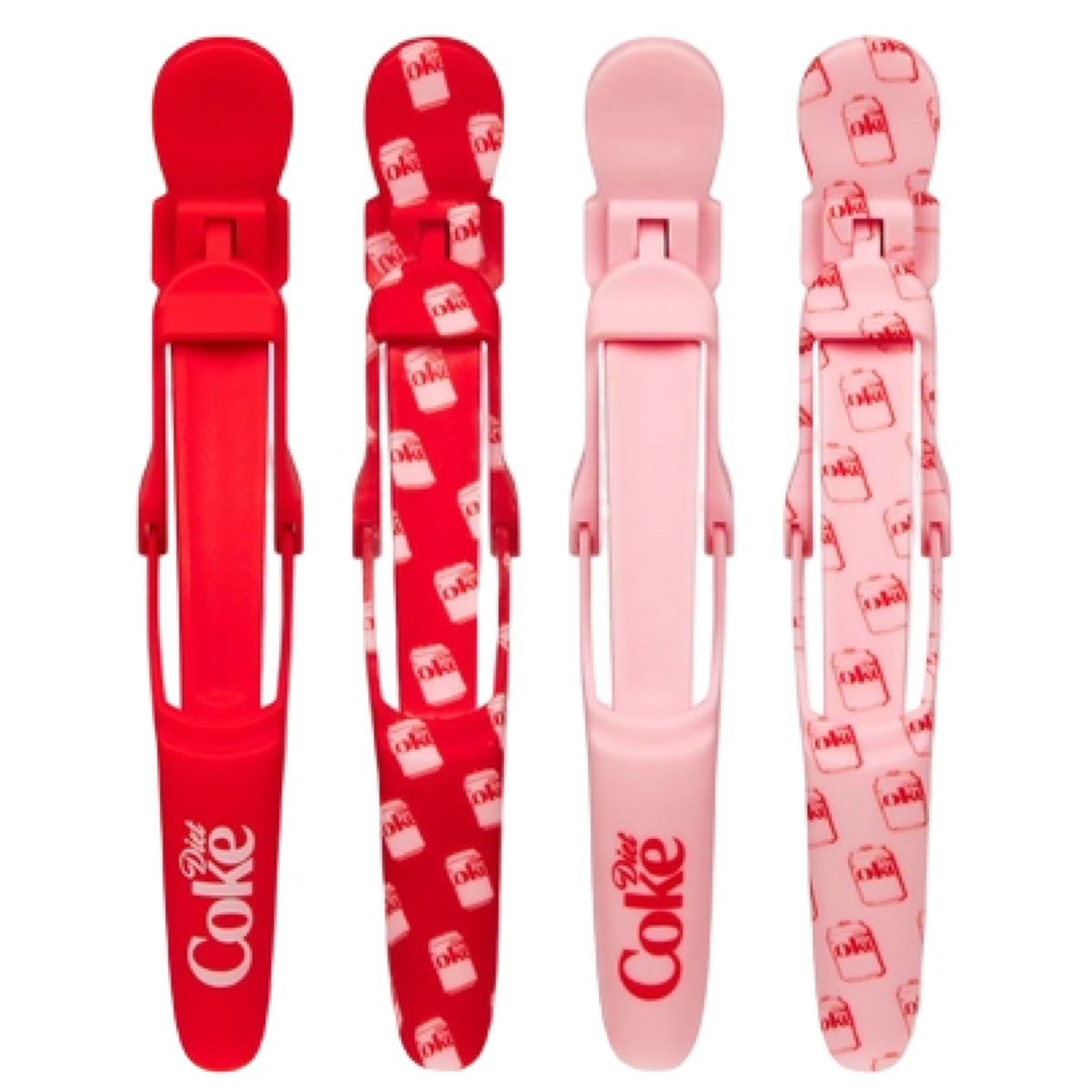 Framar x Diet Coke Gator Grips four-pack of professional rubberized hair sectioning clips in pink and red with Diet Coke designs for blow-drying and hairstyling.
