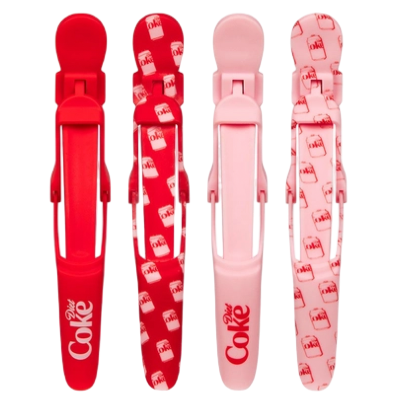 Framar x Diet Coke Gator Grips four-pack of professional rubberized hair sectioning clips in pink and red with Diet Coke designs for blow-drying and hairstyling.