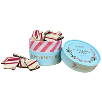 French Broad Chocolate 14 oz peppermint bark holiday gift tin with layered dark and white chocolate and crushed peppermint candy