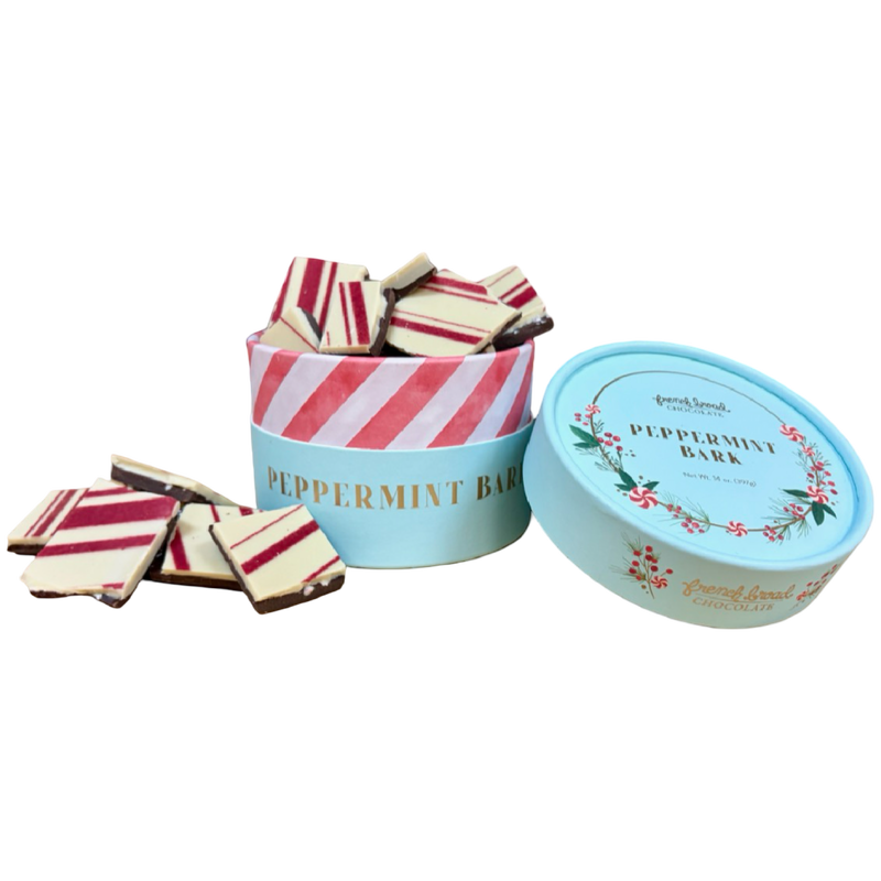 French Broad Chocolate 14 oz peppermint bark holiday gift tin with layered dark and white chocolate and crushed peppermint candy