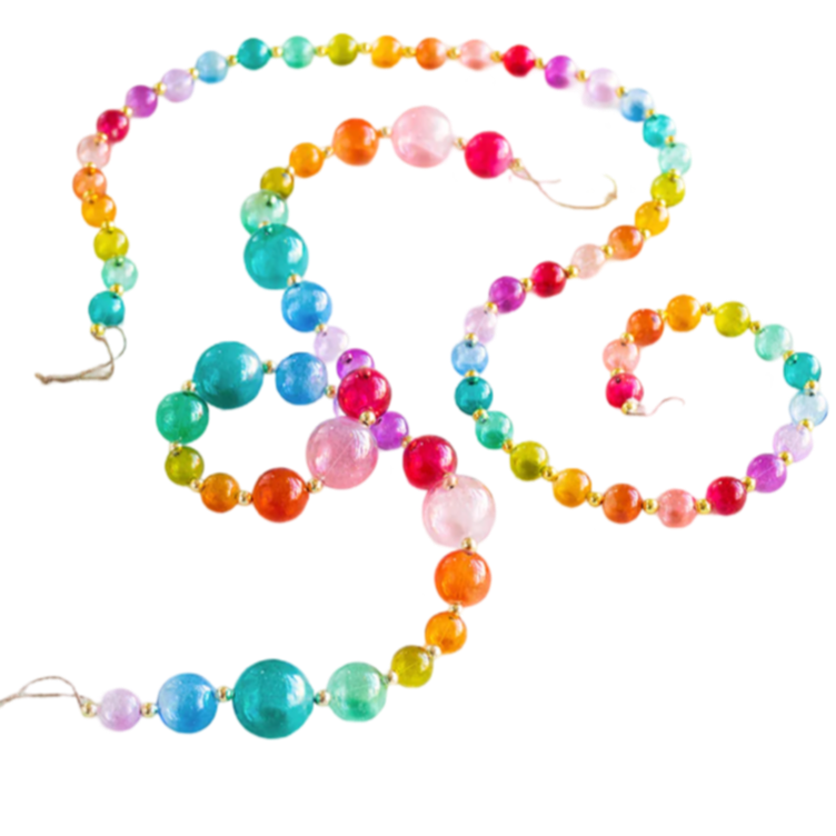 Glitterville Rainbow Glass Ball Garland featuring colorful transparent hand-lacquered glass ornaments, 60 inches long.