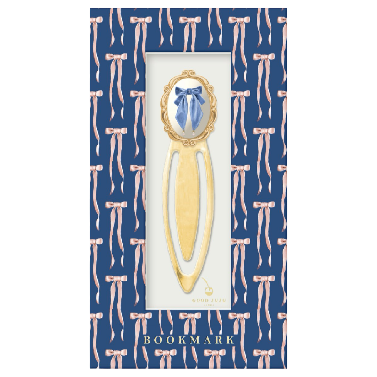 Good Juju Ink Antique Bow Metal Clip Bookmark with blue bow artwork and gold-tone finish in navy blue patterned gift packaging