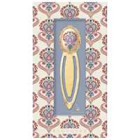 Good Juju Ink Folk Heart Metal Clip Bookmark with colorful heart illustration and gold-tone finish in patterned gift packaging