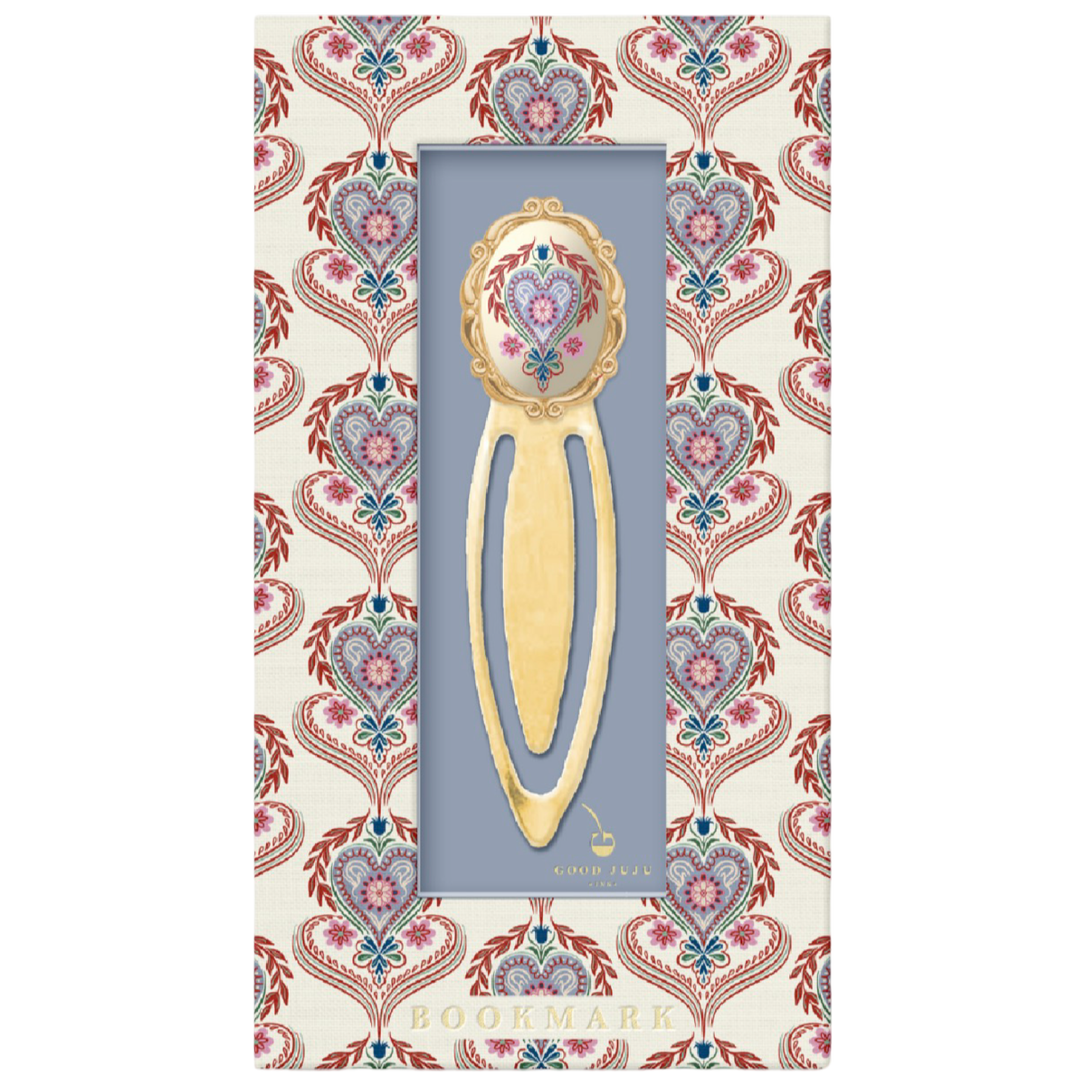 Good Juju Ink Folk Heart Metal Clip Bookmark with colorful heart illustration and gold-tone finish in patterned gift packaging