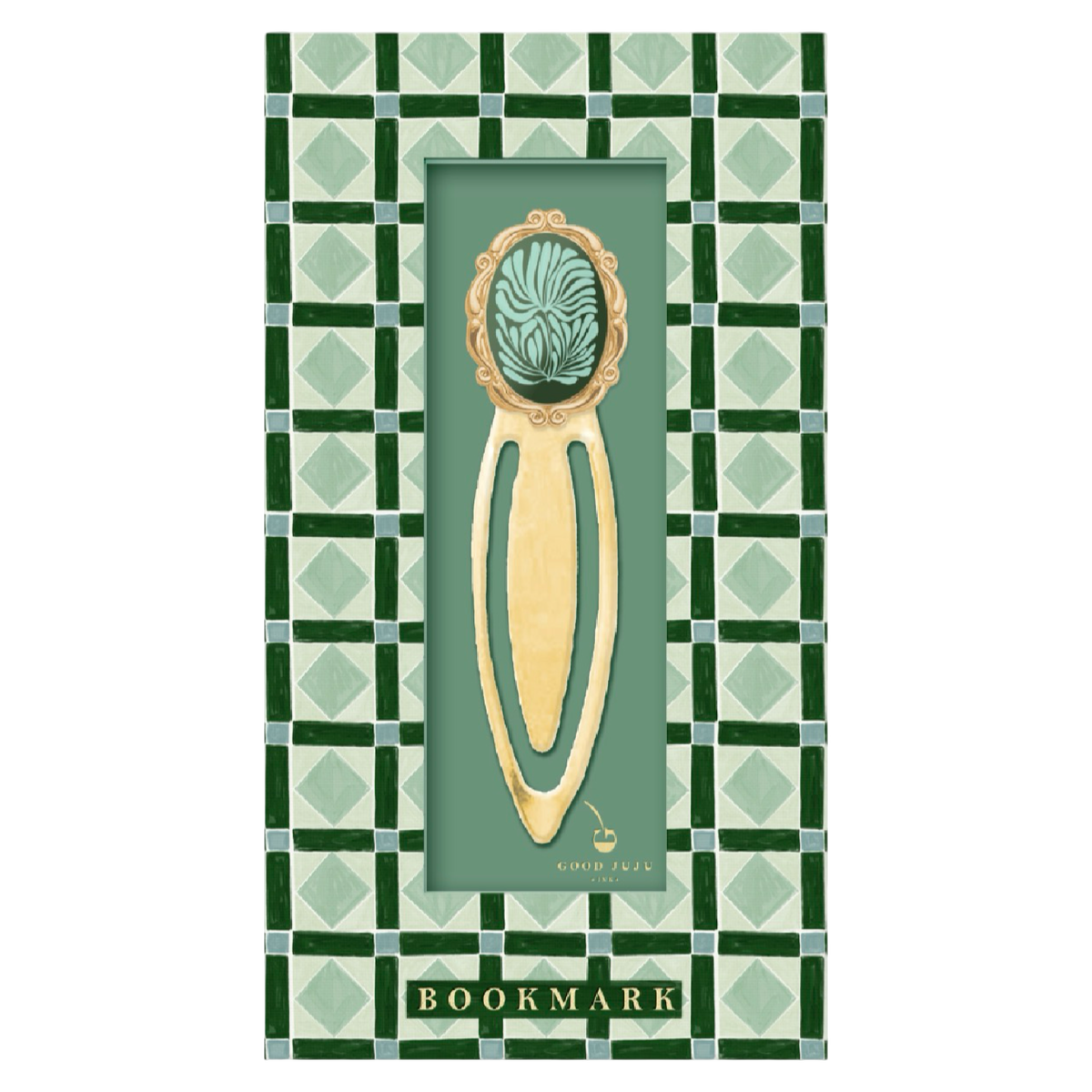Good Juju Ink Mosaic Botanical Green Metal Clip Bookmark in vintage-inspired green geometric gift packaging