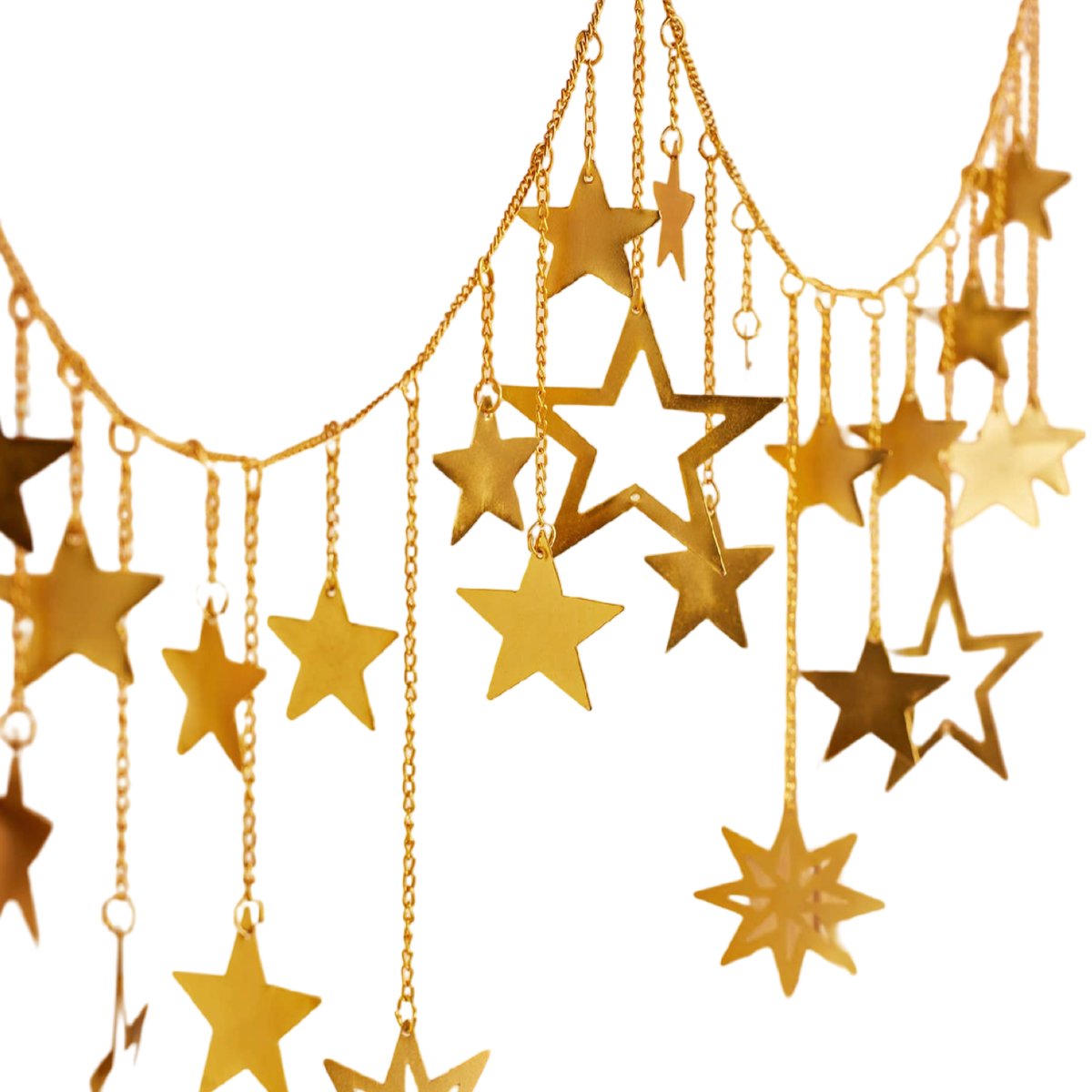 Handmade gold metal twinkling star chain garland with dangling stars for mantel and holiday decorating.
