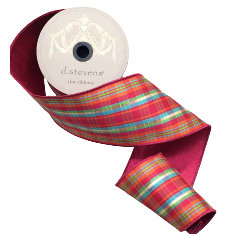 Hot pink and orange plaid dupioni ribbon with turquoise, green, and metallic accents, 4 inches wide, shown in a folded loop for Christmas trees, bows, wreaths, and garlands.