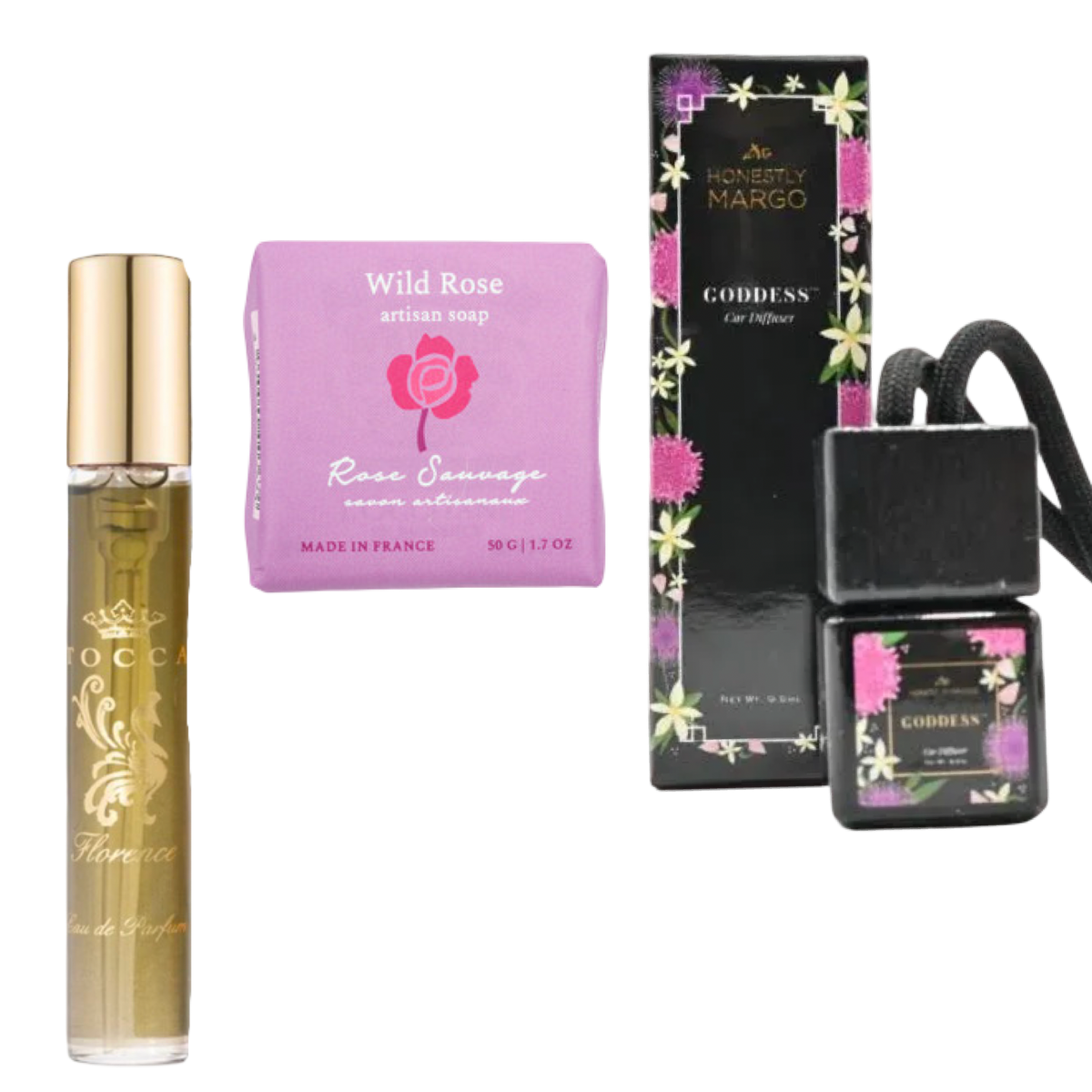 The Sweet Scents Gift Set | Honestly Margo Car Diffuser, Tocca Perfume, Baudelaire Artisan Soap