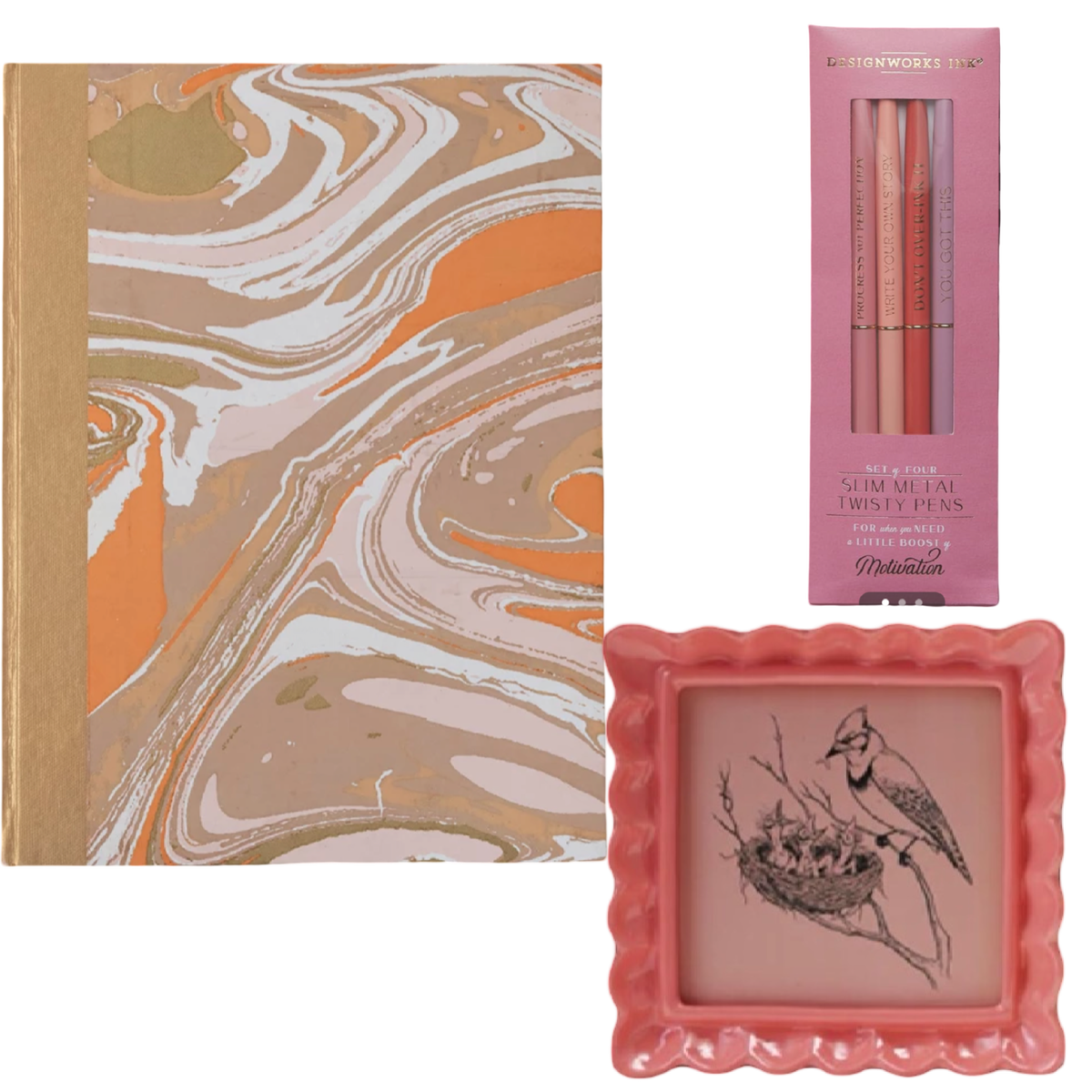 The Ultimate Vanity Vignette Gift Set | Handmade Marbled Hardcover Notebook, Twisty Metal Pen Set, and Resin Ruffled Photo Frame