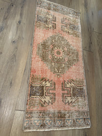 Vintage Turkish Mini Rug 3'4" x 16.5" | Peach, Earthy Brown, & Muted Blue Geometric Accent Rug