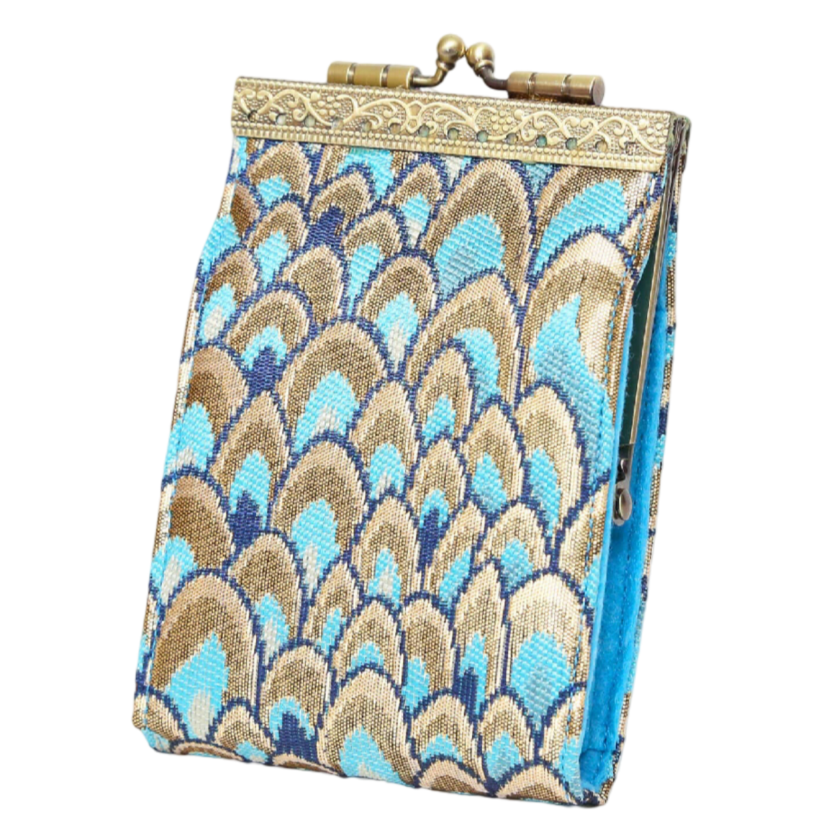 Gold & Teal Feather Brocade RFID Card Holder