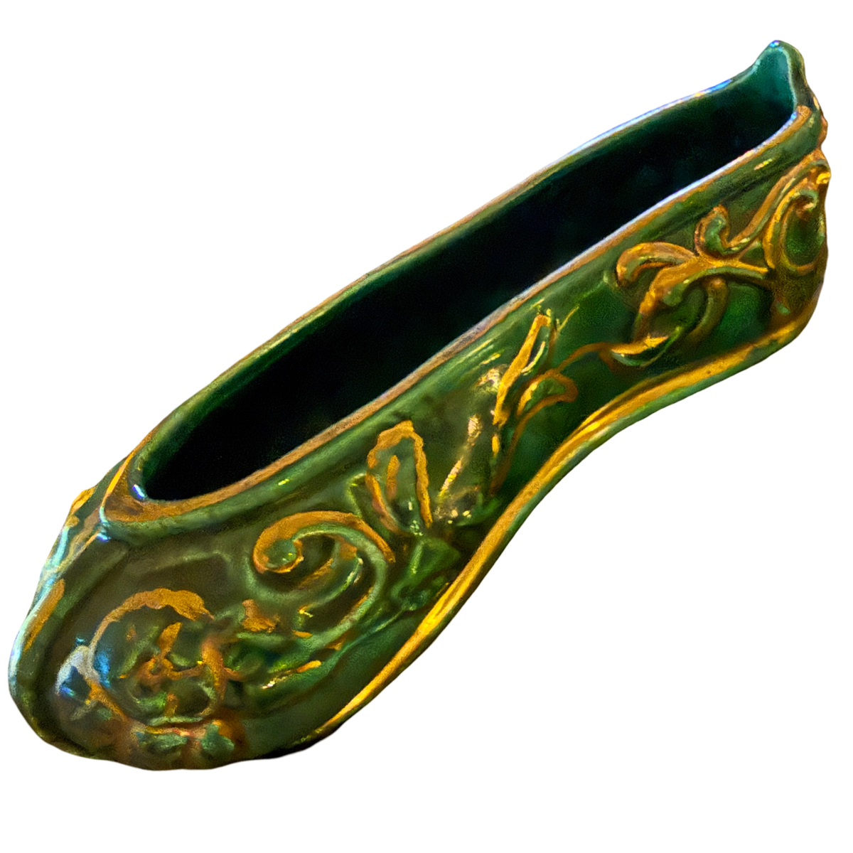 Vintage Emerald Green Porcelain Slipper with Gilt Floral Detail | One of One