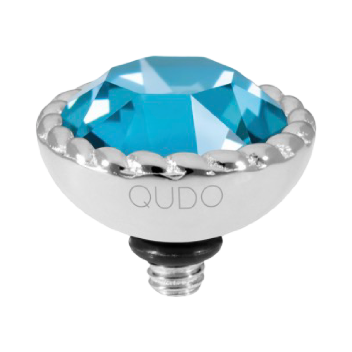 QUDO Bocconi 11mm interchangeable jewelry top featuring a Teal Ignite Swarovski crystal set in polished silver stainless steel.