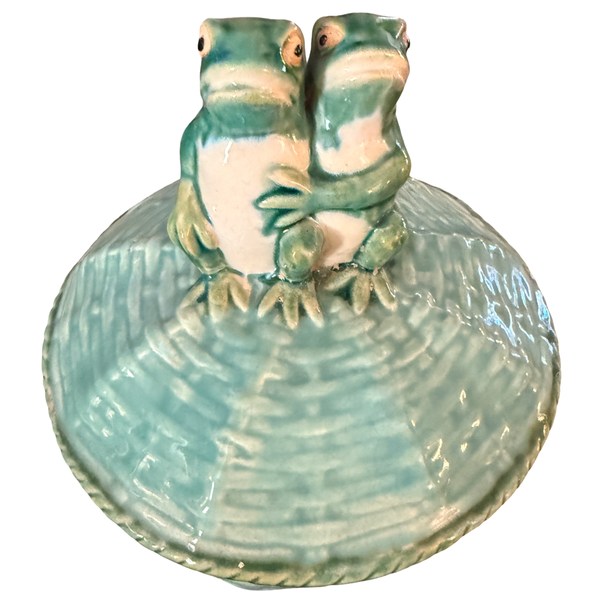 Vintage Majolica Frog Basketweave Lidded Bowl