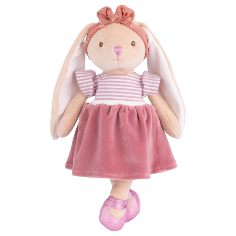 Plush toy rabbit in a pink dress with a white background