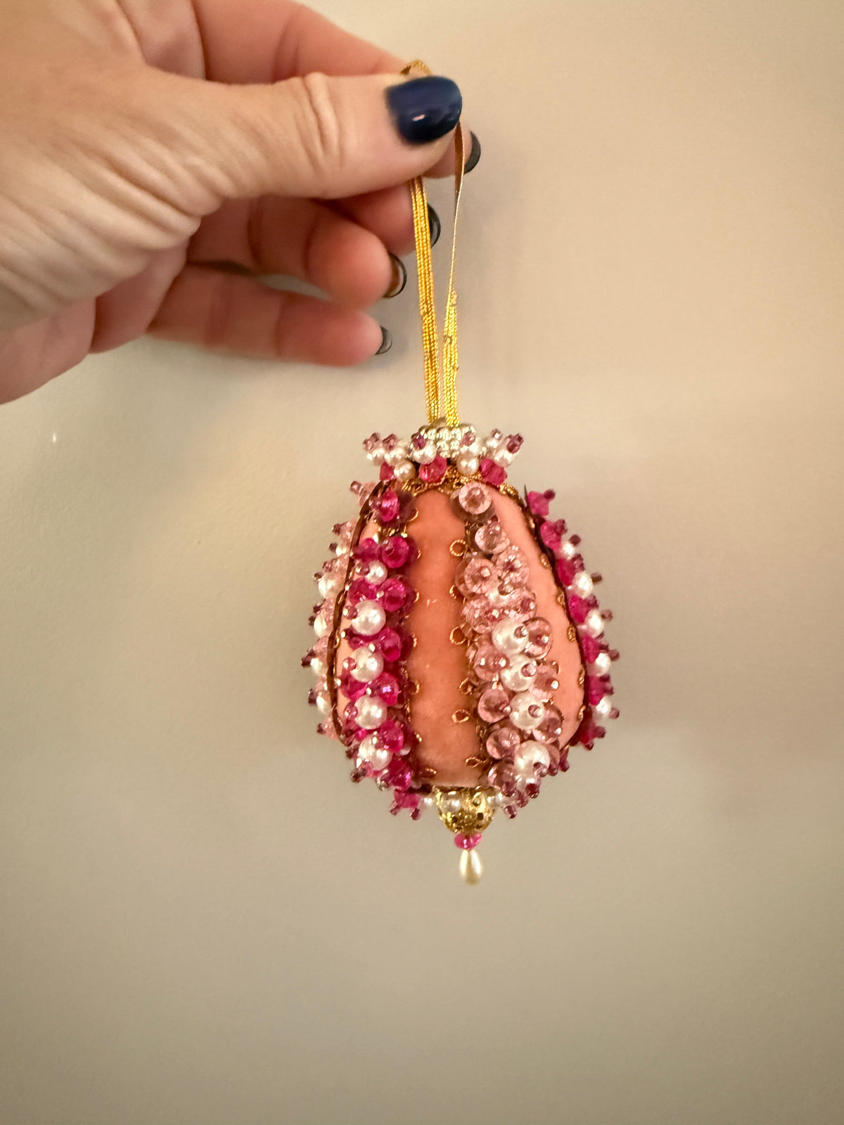 Vintage Peach & Pink Jeweled Ornament | Elongated