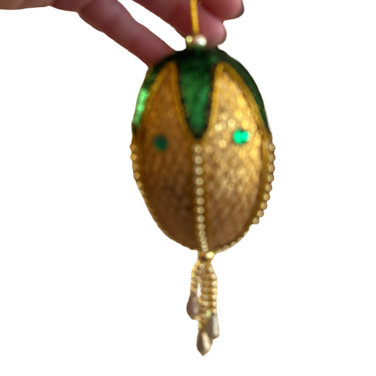 Vintage Emerald & Gold Ornament | Beaded Drop