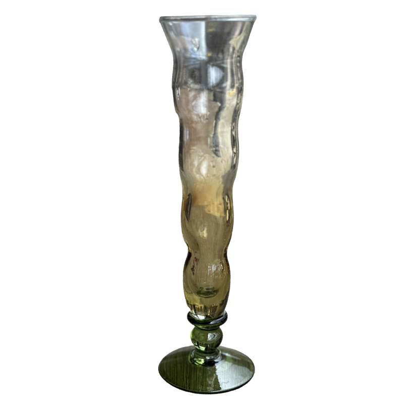 Tall, ribbed glass vase on a white background