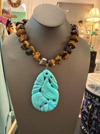 Made in the Deep South | Tiger’s Eye & Turquoise-Blue Leaf Pendant Necklace
